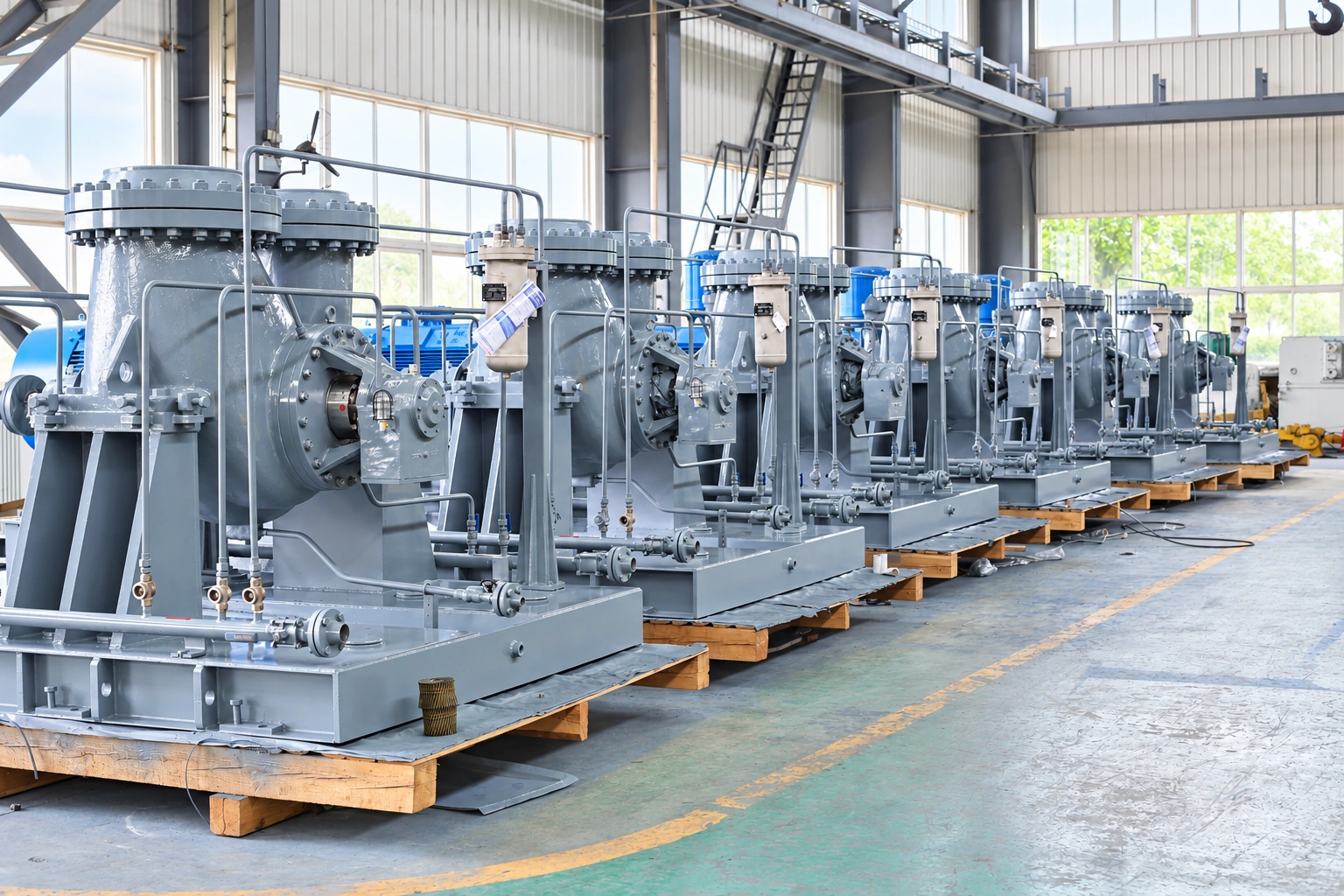 Row of grey pump assemblies on wooden transport supports.
