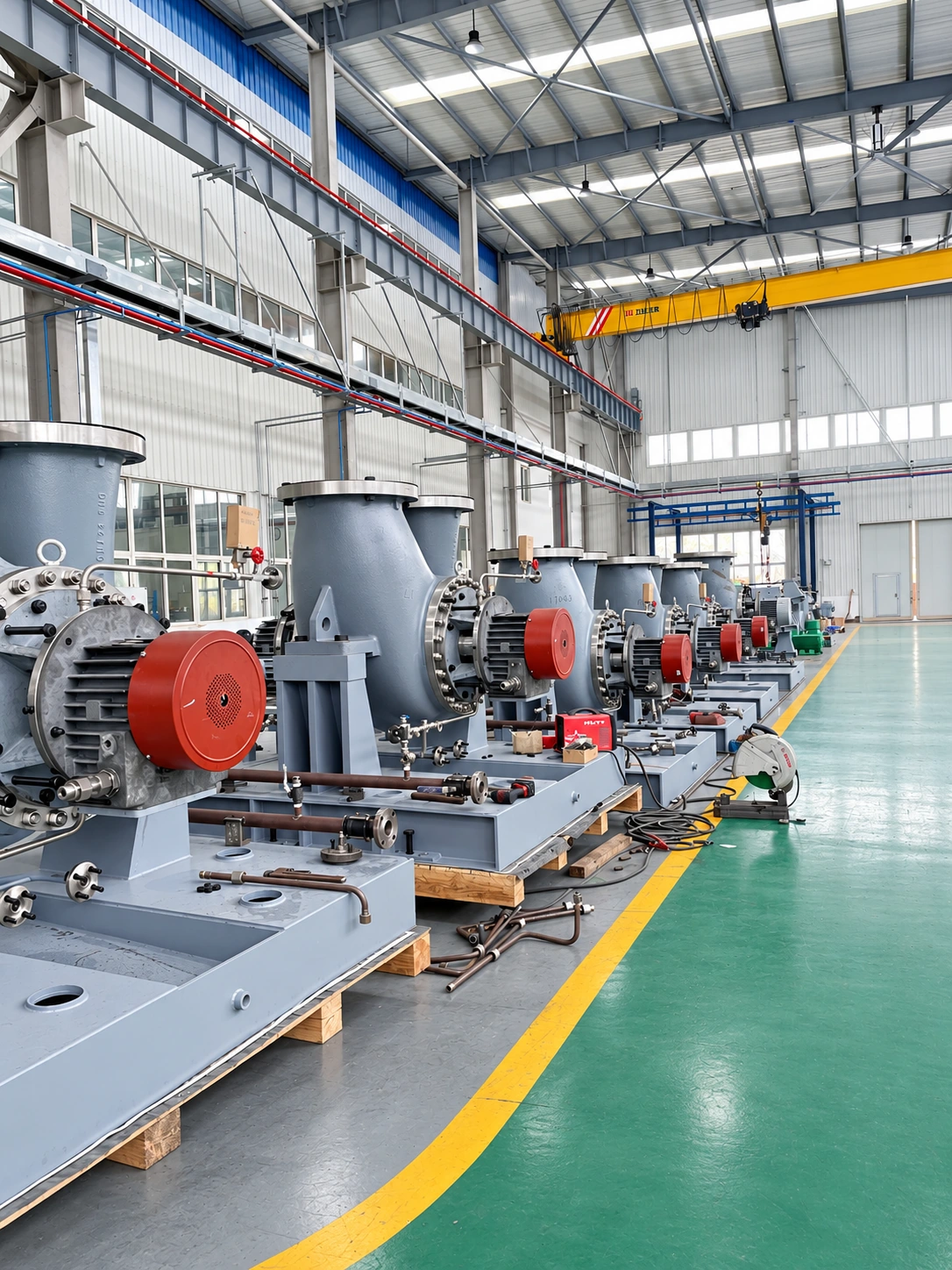 Row of baseplate-mounted pumps beside the workshop aisle.