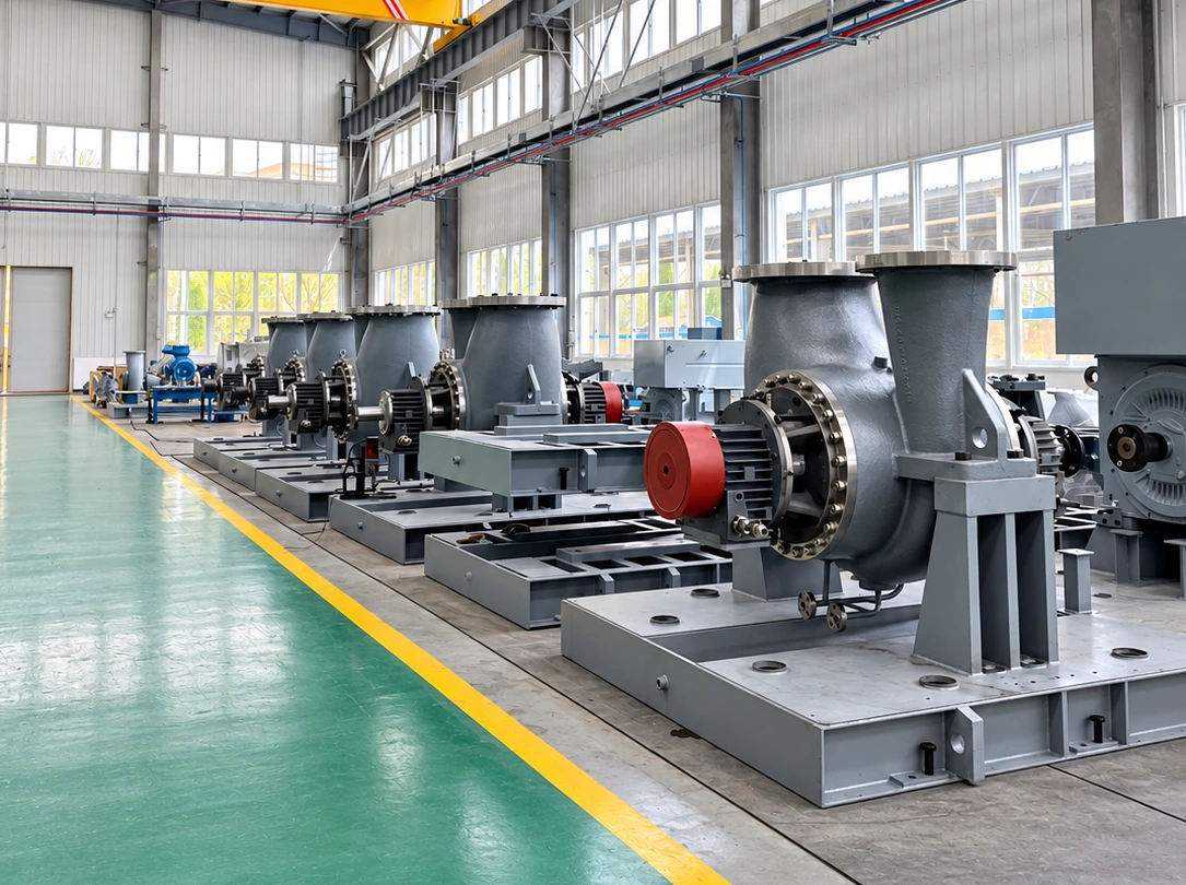 Pump assemblies with red shaft-end covers on grey baseplates.
