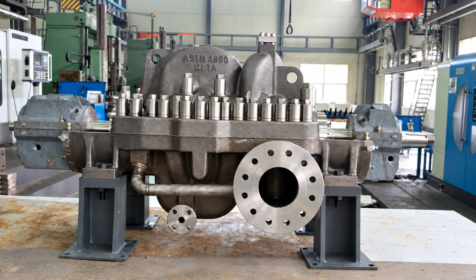 Front view of a split-casing pump and its flanged connection.
