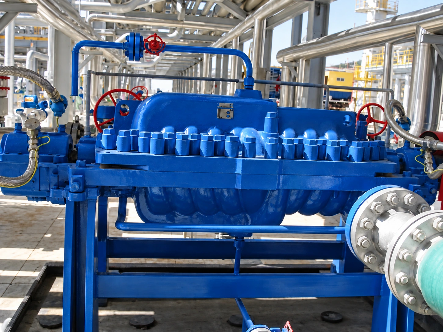 Side view of the blue horizontal pump and overhead pipework.