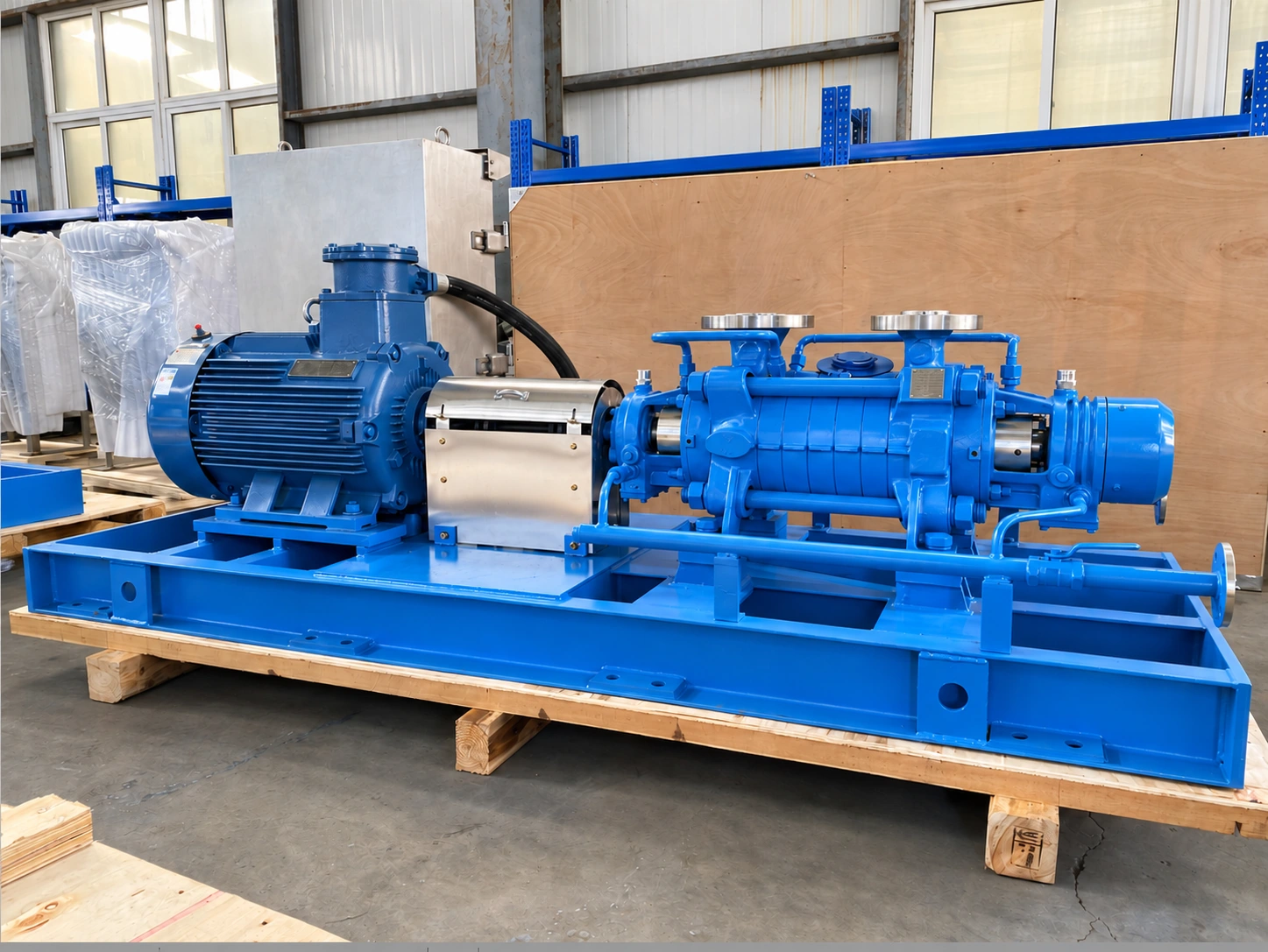 Blue ring-section pump and motor on a common baseplate.