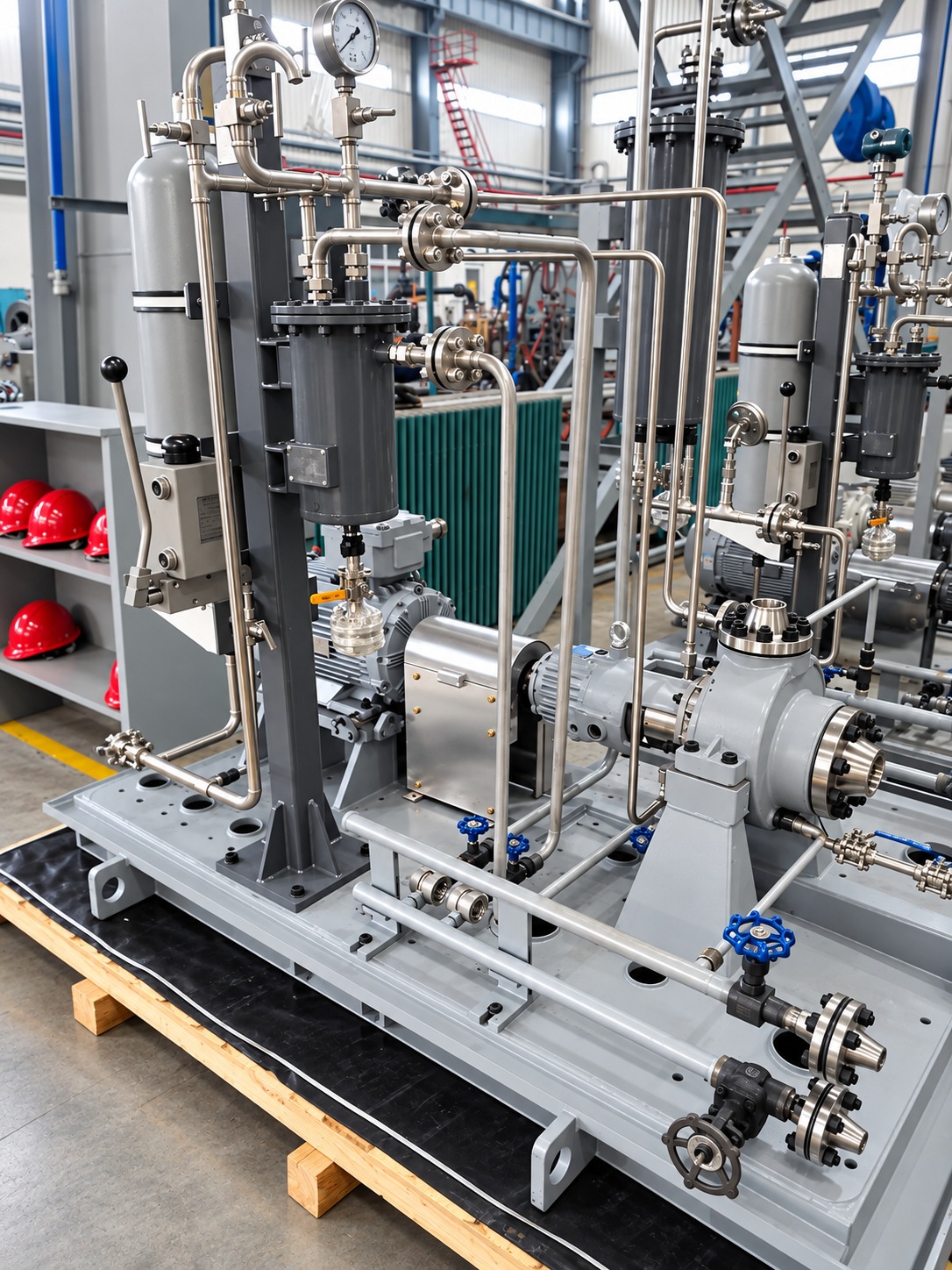 Baseplate-mounted pump with auxiliary vessels and connected pipework.