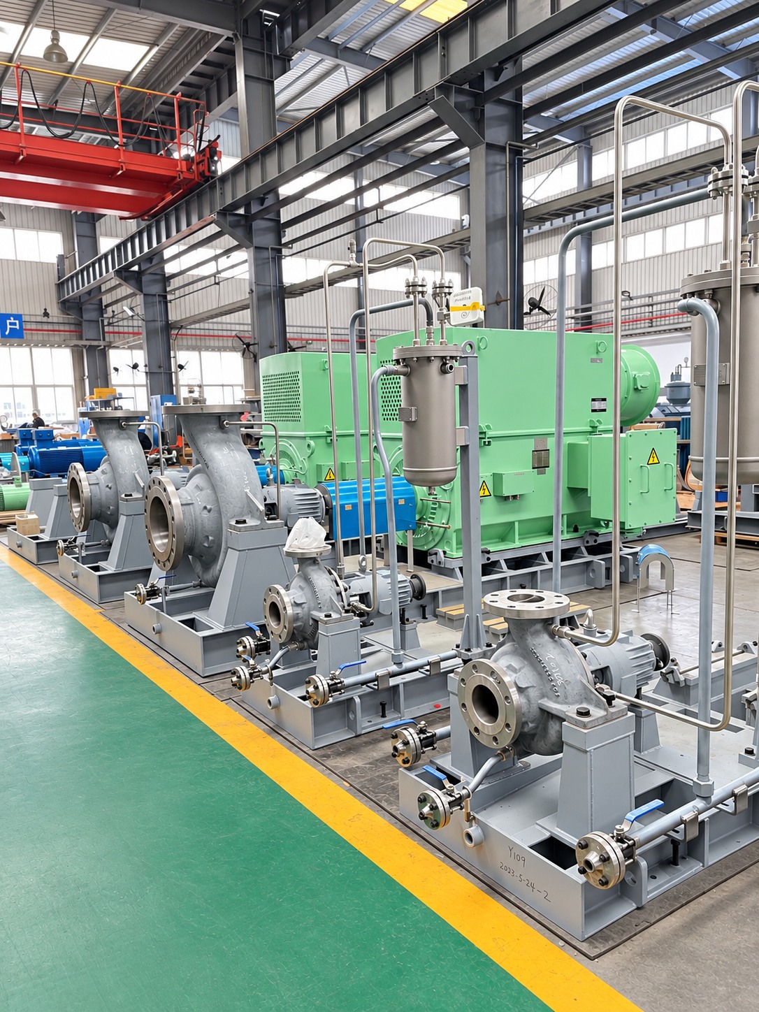Pump assemblies of different sizes arranged in the workshop.