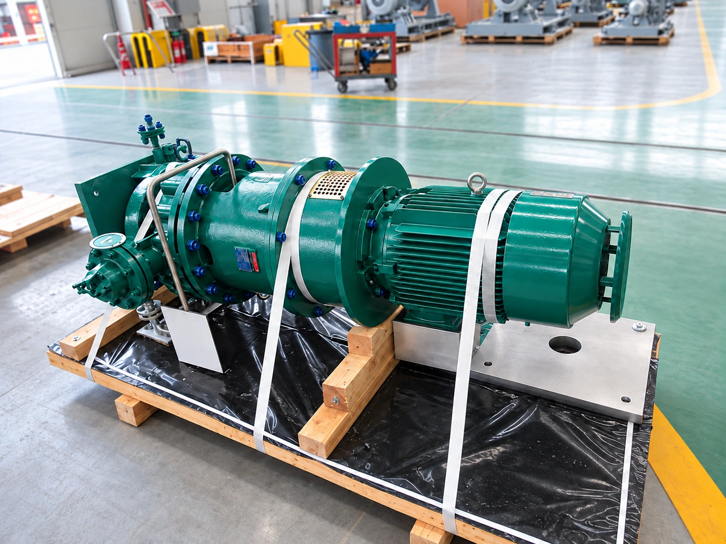 Green pump and motor assembly secured to wooden transport supports.