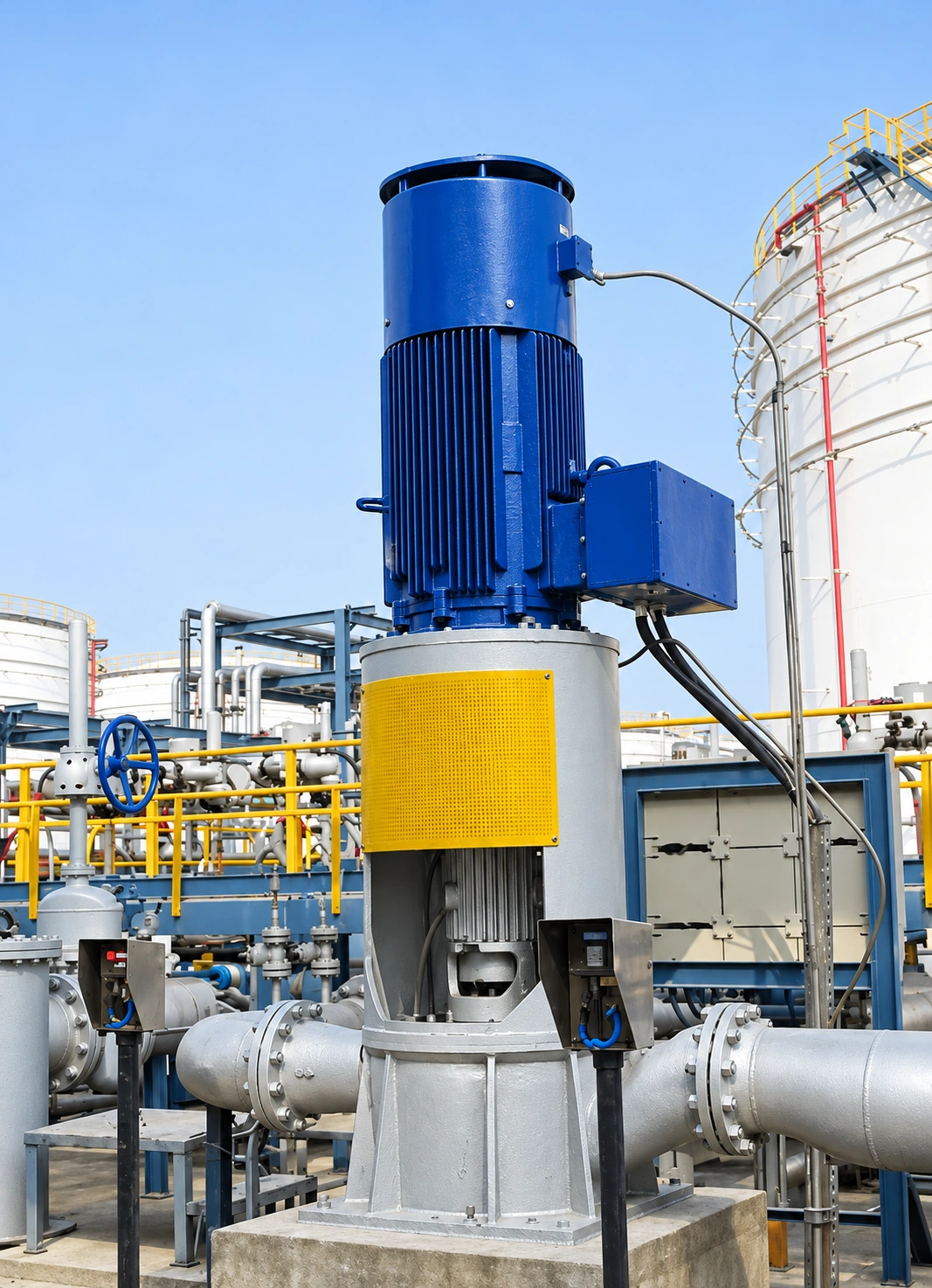 Installed vertical in-line pump with a blue motor and yellow coupling guard.