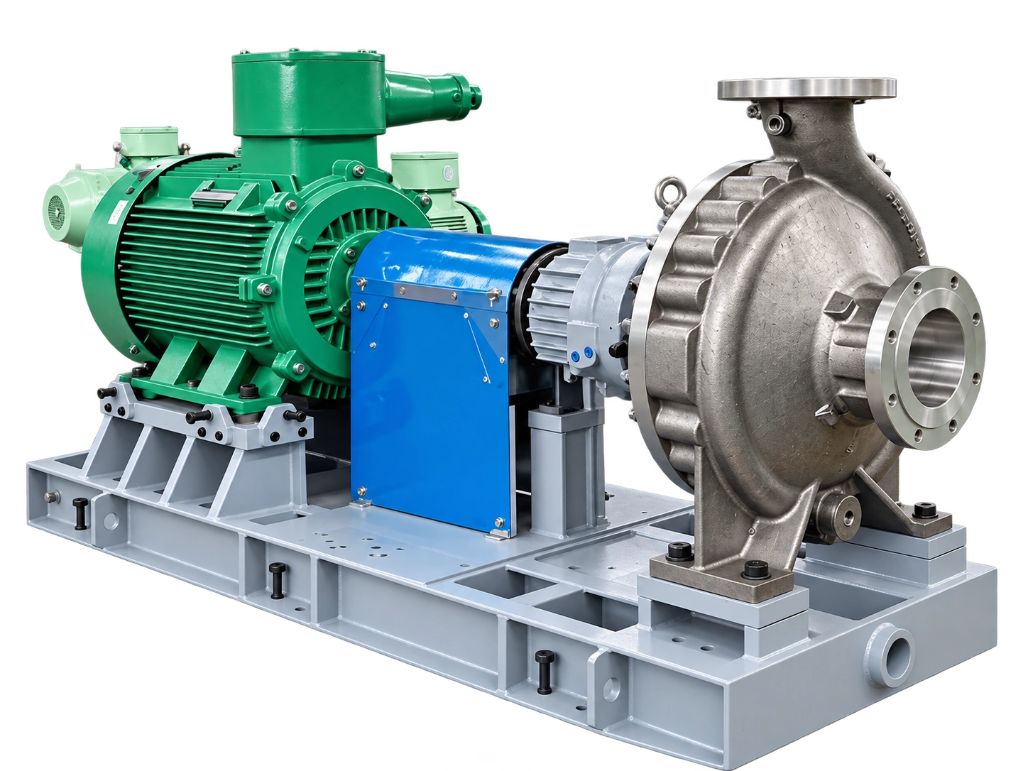 Horizontal overhung pump assembly with motor and coupling guard.