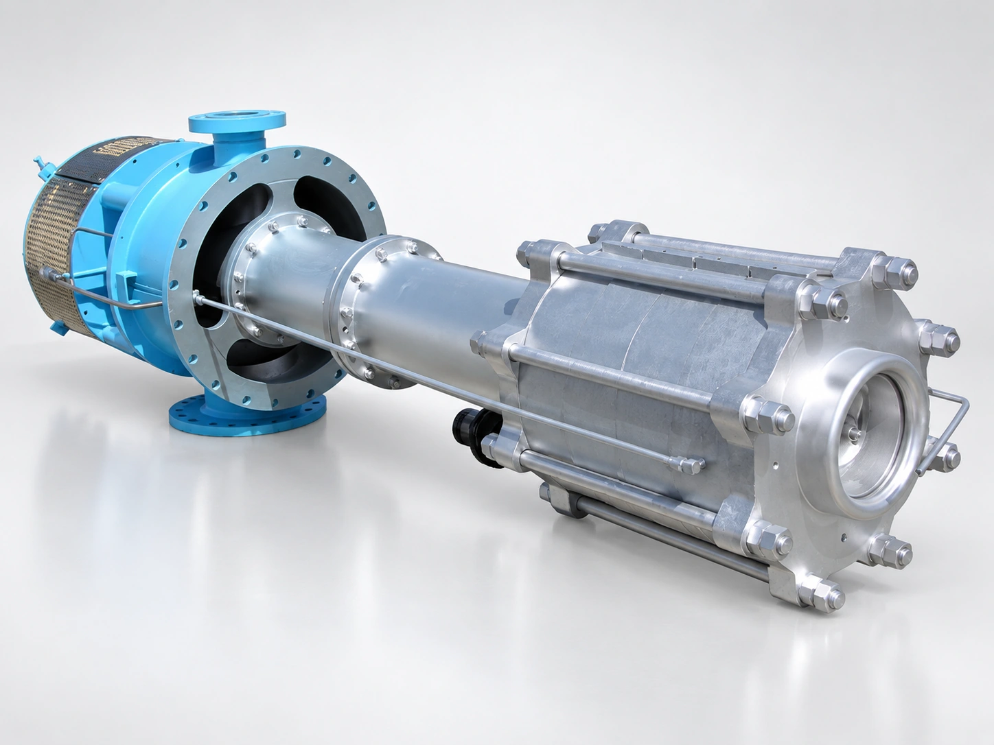 Pump assembly with a blue flanged connection and a silver diffuser section.