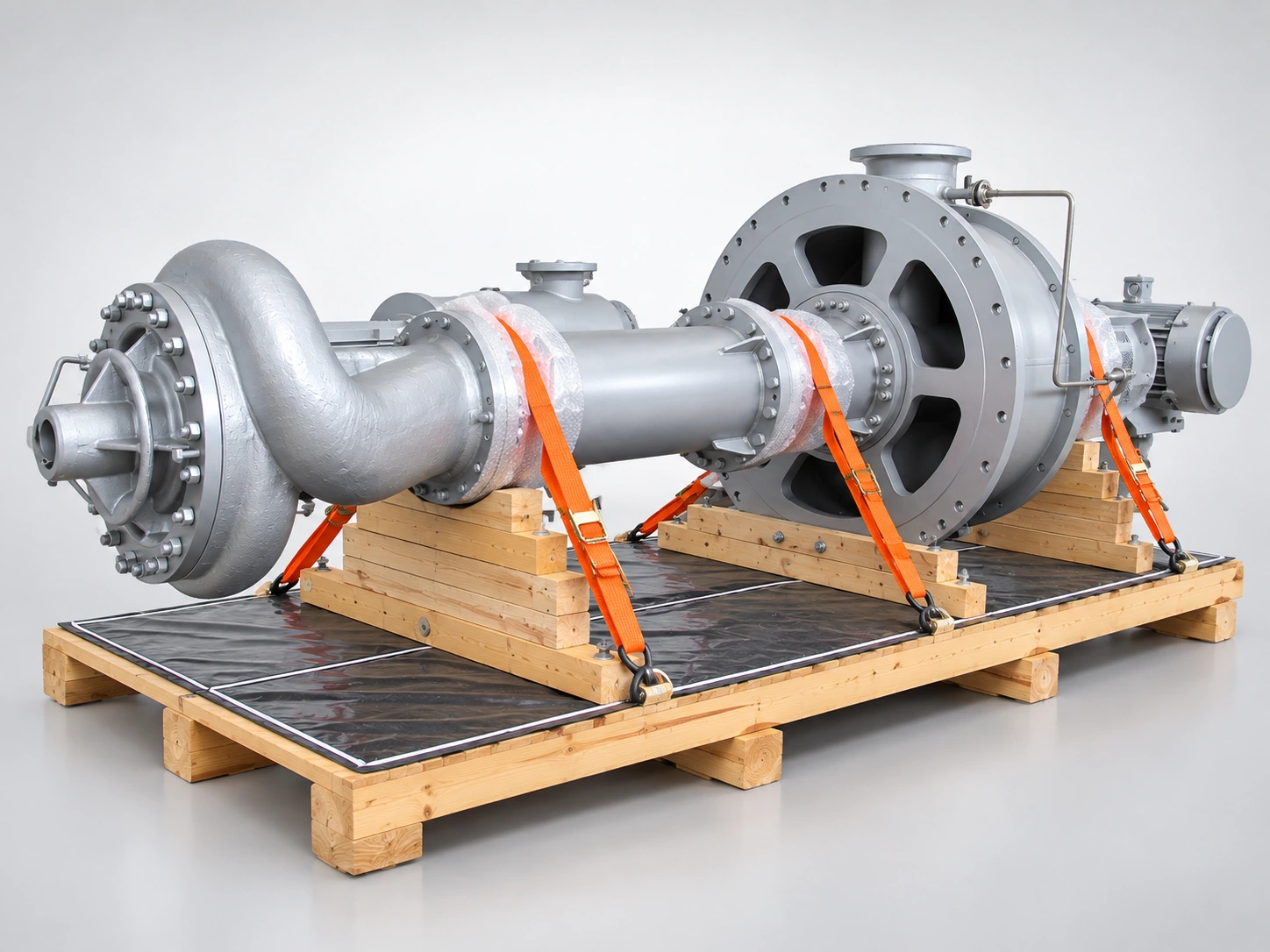 Side view of a pump assembly with orange transport straps.